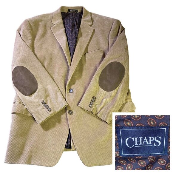 Chaps Sport Coat 46R Corduroy Blazer Elbow Patches Cotton Stretch Khaki Tan